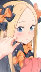 Rule 34 | 1girl, abigail williams (fate), black bow, black dress, black headwear, blonde hair, blue eyes, blush, bow, dress, fate/grand order, fate (series), food, food on face, forehead, gomennasai, hair bow, hat, highres, long hair, looking at viewer, notice lines, orange bow, out of frame, parted bangs, parted lips, polka dot, polka dot bow, simple background, solo focus, stuffed animal, stuffed toy, teddy bear, teeth, upper teeth only, white background