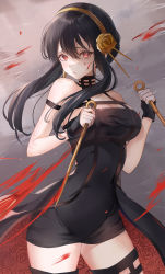 Rule 34 | 1girl, absurdres, black hair, blood, blood on face, bloody weapon, breasts, cleavage, closed mouth, dagger, dress, dual wielding, floating hair, floral print, flower, furrowed brow, gold hairband, hairband, highres, holding, knife, large breasts, long hair, looking at viewer, red eyes, reverse grip, rose, rose print, sidelocks, solo, sora01o, spy x family, stiletto (weapon), taut clothes, taut dress, thighhighs, two-tone dress, weapon, yor briar, zettai ryouiki