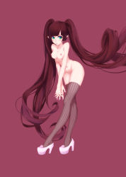 Rule 34 | 1girl, absurdly long hair, absurdres, blue eyes, blunt bangs, breasts, breasts squeezed together, brown hair, crossed legs, fingernails, full body, highres, interlocked fingers, long hair, narrow waist, nipples, nude, original, pink background, platform footwear, platform heels, pointy ears, purple background, q9q, see-through, see-through legwear, sharp fingernails, solo, standing, striped clothes, striped thighhighs, thighhighs, twintails, vertical-striped clothes, vertical-striped thighhighs, very long hair