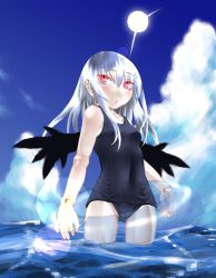Rule 34 | 00s, black one-piece swimsuit, doll joints, highres, innertube, joints, kakashichi, long hair, one-piece swimsuit, pink eyes, rozen maiden, school swimsuit, silver hair, solo, suigintou, swim ring, swimsuit, water, wings