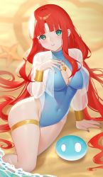 Rule 34 | 1girl, alternate costume, arm support, beach, blue one-piece swimsuit, blunt bangs, blurry, blurry background, blush, breasts, cleavage, cleavage cutout, clothing cutout, colored eyelashes, covered navel, genshin impact, green eyes, heart, heart necklace, highleg, highleg swimsuit, highres, jewelry, large breasts, leaning to the side, long hair, long sleeves, low twintails, nail polish, necklace, nilou (genshin impact), one-piece swimsuit, outdoors, parted bangs, parted lips, puffy long sleeves, puffy sleeves, red hair, sand, see-through, shared food, shore, sitting, slime (genshin impact), solo, starfish, swimsuit, thighlet, thighs, twintails, vambraces, water, wu yao jun
