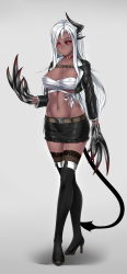 Rule 34 | 1girl, belt, black sclera, black thighhighs, boots, breasts, choker, claws, cleavage, closed mouth, collarbone, colored sclera, cropped jacket, dark-skinned female, dark skin, demon girl, demon tail, full body, grey background, high heel boots, high heels, highres, horns, jacket, large breasts, long hair, looking at viewer, midnight (banyex), midriff, miniskirt, navel, open clothes, open jacket, original, red eyes, sarashi, single horn, skirt, solo, standing, tail, thigh boots, thighhighs, thighhighs under boots, white hair, zettai ryouiki