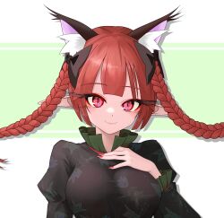 Rule 34 | 1girl, absurdres, animal ear fluff, animal ears, black bow, black dress, blunt bangs, bow, braid, breasts, cat ears, cat girl, closed mouth, commentary request, dress, drop shadow, eyelashes, eyeshadow, floating hair, green background, hair bow, hand on own chest, hand up, happy, highres, juliet sleeves, kaenbyou rin, large breasts, light blush, lips, long hair, long sleeves, looking at viewer, makeup, nail polish, pointy ears, puffy sleeves, red eyes, red hair, red nails, simple background, slit pupils, smile, solo, sugar you, touhou, tsurime, twin braids, two-tone background, white background