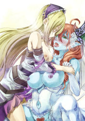 Rule 34 | 2girls, bad id, bad pixiv id, blonde hair, blue skin, breasts, brown hair, clothes pull, clothing cutout, colored skin, dress, dress pull, elbow gloves, female pubic hair, flower, gloves, green eyes, hera-beorc (p&amp;d), hera (p&amp;d), holding hands, lactation, large breasts, long hair, multiple girls, navel, navel cutout, nipples, no panties, pandora (p&amp;d), pubic hair, puzzle &amp; dragons, red eyes, rose, thighhighs, wedding dress, yohane, yuri