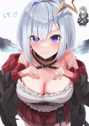 Rule 34 | 2girls, absurdres, alternate breast size, amane kanata, angel, angel wings, belt collar, black coat, black collar, breasts, camisole, cleavage, coat, collar, cosplay, grey hair, hair intakes, halo, hand on own chest, highres, hololive, large breasts, multiple girls, purple eyes, red coat, sakamata chloe, sakamata chloe (1st costume), sakamata chloe (cosplay), star halo, two-sided coat, two-sided fabric, user juhv8242, virtual youtuber, white camisole, wings