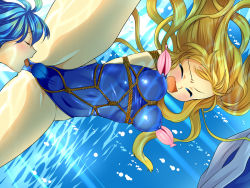 Rule 34 | 2girls, asphyxiation, bdsm, blonde hair, blue hair, bondage, bound, crotch rope, drowning, closed eyes, holding breath, long hair, mermaid, monster girl, multiple girls, nipples, open mouth, peril, rope, shell, shibari, sweetsprite, swimsuit, underwater, yuri