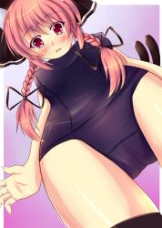 Rule 34 | 1girl, animal ears, bad id, bad pixiv id, bow, braid, cat ears, cat girl, cat tail, female focus, hair bow, kaenbyou rin, kaima, looking down, one-piece swimsuit, red eyes, red hair, school swimsuit, short hair, solo, swimsuit, tail, thigh gap, touhou, twin braids, wide hips