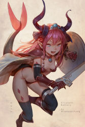 Rule 34 | 10s, armor, armored boots, artist name, asymmetrical horns, bikini, bikini armor, boots, breasts, cape, character name, copyright name, elizabeth bathory (brave) (fate), elizabeth bathory (fate), elizabeth bathory (fate/grand order), fang, fate/extra, fate/extra ccc, fate/grand order, fate (series), gauntlets, highres, horns, open mouth, oversized clothes, pauldrons, pink hair, pointy ears, red bikini, shield, shoulder armor, silver hair, simple background, small breasts, solo, swimsuit, sword, tail, tiara, timbougami, uneven horns, weapon