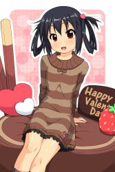 Rule 34 | 1girl, alternate costume, alternate hairstyle, black hair, blush, brown dress, brown eyes, chocolate, dress, food, fruit, hair rings, happy valentine, heart, highres, k-on!, k10k, long hair, nakano azusa, open mouth, sitting, solo, strawberry, twintails, valentine