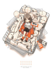 Rule 34 | 1girl, barcode, basket, brown eyes, brown footwear, brown hair, child, commentary, doll, english text, jacket, long sleeves, looking at viewer, lying, mannequin, norizc, off shoulder, on back, orange socks, original, shirt, shoes, shorts, simple background, socks, solo, white background