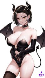 Rule 34 | 1girl, artist logo, artist name, bare shoulders, black gloves, black hair, black leotard, black thighhighs, blush, breasts, brooch, brown eyes, choker, cleavage, clothing cutout, collarbone, demon girl, demon horns, demon tail, demon wings, detached collar, elbow gloves, eyelashes, gloves, highleg, highleg leotard, highres, horns, infinote, jewelry, large breasts, leotard, lips, looking at viewer, navel, navel cutout, original, parted lips, shiny clothes, shiny skin, short hair, signature, skindentation, solo, tail, thighhighs, wet, wings, yashiki yuuko (infinote), yellow eyes