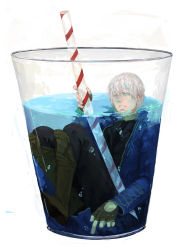 Rule 34 | 1boy, blue eyes, blue jacket, boots, capcom, corss d, cup, devil may cry (series), drinking straw, highres, jacket, katana, male focus, solo, sword, vergil (devil may cry), water, weapon, what, white hair