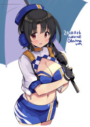 Rule 34 | 1girl, bandeau, black hair, blue bandeau, blush, cosplay, dated, gotland (kancolle), gotland (kancolle) (cosplay), holding, holding umbrella, kantai collection, odawara hakone, one-hour drawing challenge, race queen, red eyes, short hair, simple background, solo, takao (kancolle), twitter username, umbrella, white background