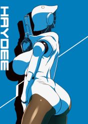 Rule 34 | 1girl, ass, blue background, breasts, character name, colored skin, covered erect nipples, dark-skinned female, dark skin, date naoto, english text, faceless, gun, handgun, haydee (game), haydee (haydee), highres, humanoid robot, large breasts, looking at viewer, looking back, mask, pistol, robot, sideboob, simple background, solo, thighs, weapon, white skin