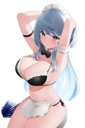 Rule 34 | 1girl, absurdres, apron, aqua eyes, arm strap, arms behind head, artist request, bikini, black bikini, black bow, black bowtie, blue hair, bow, bowtie, breasts, cleavage, closed mouth, collar, detached collar, frilled bikini, frills, grey hair, highres, large breasts, maid, maid bikini, maid headdress, multicolored hair, navel, second-party source, shadow, side-tie bikini bottom, sitting, smile, solo, streaked hair, swimsuit, unconventional maid, virtual youtuber, vlyz, waist apron, white apron, white collar, yun eze