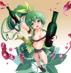 Rule 34 | 1girl, :d, alcohol, bandeau, black footwear, black shorts, blush, bottle, bow, breasts, chisato (missing park), cleavage, collarbone, drunk, flower knight girl, frills, full body, green bow, green eyes, green hair, green vest, hair bow, holding, holding bottle, hop (flower knight girl), large breasts, leaf, long hair, looking at viewer, navel, open mouth, ponytail, raised eyebrows, shoes, short shorts, shorts, smile, solo, standing, standing on one leg, unaligned breasts, underboob, vest, wine, wine bottle, wrist cuffs