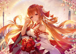 Rule 34 | 1girl, apple caramel, breasts, character request, cherry blossoms, code: dragon blood, commentary request, flower, hair between eyes, hair bun, hair ornament, hair ribbon, highres, holding, holding flower, japanese clothes, kimono, large breasts, looking at viewer, multicolored clothes, multicolored kimono, orange eyes, orange hair, red flower, red kimono, red ribbon, ribbon, single hair bun, sleeves rolled up, smile, solo, uesugi erii, white flower, white kimono, white ribbon, wide sleeves