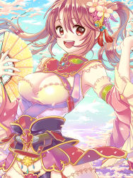 Rule 34 | 1girl, breasts, brown hair, cherry blossoms, cleavage, hand fan, flower, folding fan, hair flower, hair ornament, hairclip, happy, highres, large breasts, long hair, original, petals, red eyes, side ponytail, solo, yami (m31)
