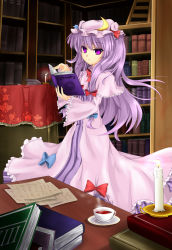 Rule 34 | 1girl, book, candle, candlestand, cloudy.r, crescent, female focus, long hair, patchouli knowledge, purple eyes, purple hair, solo, touhou, zzz36951
