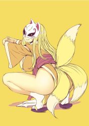 Rule 34 | 10s, 1girl, artist name, ass, blonde hair, bosshi, breasts, fox mask, fox tail, full body, grin, japanese clothes, kiitarou shounen no youkai enikki, kitsune, kitsunemen no onna, kyuubi, large breasts, long hair, looking at viewer, mask, multiple tails, original, parted lips, sandals, signature, simple background, smile, socks, solo, spread legs, squatting, stretching, tail, teeth, white socks, yellow background