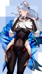 Rule 34 | 1girl, absurdres, aqua eyes, bad id, bad pixiv id, bare shoulders, black gloves, blush, bodysuit, breasts, closed mouth, covered navel, eyes visible through hair, genshin impact, gloves, hair ornament, hair over one eye, highres, large breasts, long hair, looking at viewer, niduannowu, shenhe (genshin impact), silver hair, smile, solo, thighs