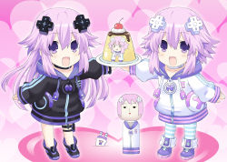Rule 34 | 0 0, 2girls, :3, :d, adult neptune, cherry, chibi, choujigen game neptune, collar, collarbone, food, fruit, hair between eyes, hair ornament, heart, heart background, hood, hooded track jacket, jacket, kagura ittou, kokeshi, long hair, looking at viewer, multiple girls, neptune (neptunia), neptune (series), open mouth, outstretched arm, pantyhose, plate, pudding, purple eyes, purple hair, shin jigen game neptune vii, shoes, sleeves past wrists, smile, standing, striped clothes, striped legwear, striped pantyhose, thigh strap, track jacket, v-shaped eyebrows, very long hair