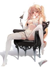 Rule 34 | 1girl, absurdres, bikini, blonde hair, breasts, chukibabo2, commission, cum, cum on body, cum on stomach, demon horns, demon tail, grabbing own breast, high heels, highres, holding own tail, horns, long hair, medium breasts, open mouth, pointy ears, pumps, red eyes, shoes, simple background, single shoe, solo, stiletto heels, swimsuit, tail, thighhighs, twintails, very long hair, white background, white bikini, white footwear