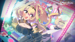 Rule 34 | 1girl, against glass, black gloves, black hairband, black thighhighs, blonde hair, blush, bow, breast press, breasts, breasts on glass, character doll, cheek squash, copyright name, crane game, daisho (echocalypse), echocalypse, fingerless gloves, gloves, hairband, highres, kagawa yuusaku, large breasts, open mouth, pink bow, second-party source, solo, tail, tail grab, thighhighs, twintails, yellow eyes