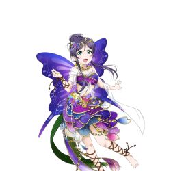 Rule 34 | 10s, 1girl, :d, ankle lace-up, aqua eyes, bandeau, barefoot, butterfly wings, cross-laced footwear, fairy, feet, flower, flower necklace, hair bun, head wreath, insect wings, jewelry, looking at viewer, love live!, love live! school idol festival, love live! school idol project, multicolored clothes, multicolored skirt, necklace, official art, open mouth, purple hair, ribbon, single hair bun, skirt, smile, solo, tojo nozomi, transparent background, wings, wrist ribbon