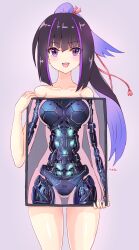 Rule 34 | 1girl, absurdres, android, blush, breasts, commission, completely nude, happy, highres, holding, karasuba (prima doll), lights, long hair, looking at viewer, machine, mechanical parts, medium breasts, metal, multicolored hair, nude, open mouth, pixiv commission, prima doll (anime), purple eyes, rasen manga, ribbon, robot girl, screen, simple background, skeleton, smile, solo, x-ray
