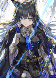 Rule 34 | 1girl, animal ears, arknights, black hair, black jacket, blue eyes, blue gloves, buttoned cuffs, buttons, commentary request, fingerless gloves, gloves, hand up, highres, jacket, jacket on shoulders, long hair, long sleeves, looking at viewer, parted lips, ran&#039;ou (tamago no kimi), solo, tagme, texas (arknights), texas the omertosa (arknights)