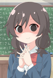 Rule 34 | 1girl, absurdres, aged down, black eyes, black hair, blush, bow, bowtie, chalkboard, closed mouth, highres, indoors, looking at viewer, matsumoto kouko, own hands clasped, own hands together, red bow, red bowtie, school uniform, shaded face, short hair, smile, solo, translation request, upper body, usagi koushaku, watashi ni tenshi ga maiorita!