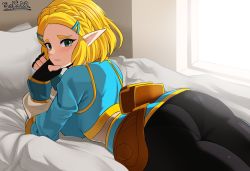 Rule 34 | 1girl, absurdres, ass, bed, black pants, blonde hair, blush, braid, breasts, curvy, fingerless gloves, french braid, gloves, green eyes, hair ornament, hammerofsolace, highres, large breasts, long sleeves, looking back, lying, nintendo, on bed, on stomach, pants, pantylines, pillow, pointy ears, princess zelda, short hair, solo, the legend of zelda, the legend of zelda: breath of the wild, the legend of zelda: tears of the kingdom, thick thighs, thighs