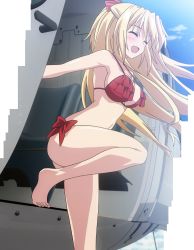 Rule 34 | 10s, 1girl, ^ ^, absolute duo, aircraft, barefoot, bikini, blonde hair, breasts, cloud, day, closed eyes, helicopter, highres, large breasts, lilith bristol, long hair, screencap, sky, solo, strap gap, swimsuit