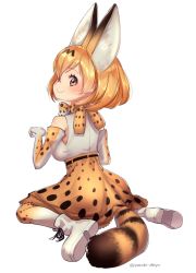 Rule 34 | 10s, 1girl, animal ears, bare shoulders, blonde hair, blush, breasts, cat ears, cat girl, cat tail, from behind, full body, highres, kemono friends, looking back, md5 mismatch, puchiman, resized, resolution mismatch, serval (kemono friends), serval print, serval tail, short hair, simple background, sitting, smile, solo, source larger, tail, wariza, white background