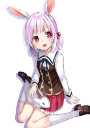 Rule 34 | 1girl, aged down, alternate costume, alternate hair length, alternate hairstyle, animal ears, bright pupils, drop shadow, extra ears, hair bobbles, hair ornament, knees together feet apart, loafers, long sleeves, looking at viewer, low twintails, on lap, open mouth, pink hair, pleated skirt, rabbit, rabbit ears, reisen udongein inaba, school uniform, shoes, short twintails, simple background, sitting, skirt, smile, socks, solo, touhou, twintails, unowen, wariza, white background, white socks