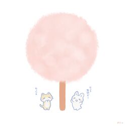 Rule 34 | animal, arms up, ayu (mog), blush stickers, cat, closed eyes, commentary, cotton candy, covering own mouth, food focus, happy, no humans, open mouth, original, rabbit, signature, simple background, translation request, undersized animal, white background