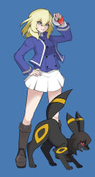 Rule 34 | absurdres, bc freedom military uniform, black footwear, blonde hair, blue background, blue eyes, blue jacket, blue vest, boots, closed mouth, commentary request, creatures (company), crossover, dress shirt, full body, game freak, gen 2 pokemon, girls und panzer, hand on own hip, high collar, highres, holding, holding poke ball, jacket, knee boots, long sleeves, looking to the side, medium hair, messy hair, military, military uniform, miniskirt, nintendo, oshida (girls und panzer), partial commentary, pleated skirt, poke ball, poke ball (basic), pokemon, pokemon (creature), shibainutank, shirt, simple background, skirt, smile, standing, umbreon, uniform, vest, white shirt, white skirt