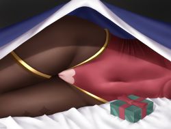Rule 34 | 1girl, bed sheet, black pantyhose, box, breasts, brown pantyhose, censored, cleft of venus, covered navel, crotchless, crotchless leotard, genshin impact, gift, gift box, highres, leotard, lying, mona (genshin impact), mosaic censoring, on bed, on side, pantyhose, pussy, red leotard, small breasts, solo, thighlet, thighs, under covers, z282g