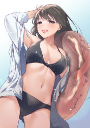Rule 34 | 1girl, bikini, black bikini, black hair, breasts, brown eyes, cleavage, cocoa (cafe-hotcocoa), commentary request, cowboy shot, drawstring, highres, innertube, jacket, long hair, looking at viewer, medium breasts, navel, open clothes, open jacket, original, smile, solo, standing, swim ring, swimsuit, white jacket
