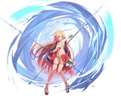 Rule 34 | 1girl, amanuki-san, awakening (sennen sensou aigis), bikini, blonde hair, blue eyes, braid, flat chest, flower, green bikini, hair flower, hair ornament, highres, holding, holding weapon, jewelry, long hair, long pointy ears, looking at viewer, navel, necklace, official art, open mouth, pendant, pointy ears, quill (sennen sensou aigis), sennen sensou aigis, simple background, solo, swimsuit, thighlet, toeless footwear, transparent background, very long hair, weapon