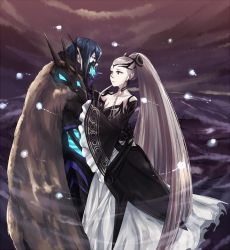 Rule 34 | 1boy, 1girl, armor, black dress, black gloves, black ribbon, blue eyes, blue hair, bone, breasts, cape, cleavage, closed mouth, collarbone, commentary, dancing, dress, earrings, eir (fire emblem), english commentary, fire emblem, fire emblem heroes, frilled dress, frilled sleeves, frills, fur-trimmed cape, fur trim, gloves, grey hair, hair between eyes, hair ornament, hair ribbon, hand on another&#039;s back, highres, horned mask, ikeimen, jewelry, lif (fire emblem), long hair, looking at another, mask, masked, nintendo, pale skin, ponytail, red eyes, ribbon, short hair, skeleton, very long hair
