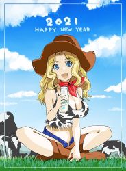 Rule 34 | 1girl, 2021, :d, animal print, bandana, blonde hair, blue eyes, blue shirt, blue sky, boots, border, bottle, breasts, brown footwear, brown hat, cleavage, cloud, cloudy sky, commentary request, cow, cow print, cowboy boots, cowboy hat, day, emblem, english text, fringe trim, girls und panzer, hair intakes, happy new year, hat, holding, holding bottle, japanese tankery league (emblem), kay (girls und panzer), large breasts, long hair, looking at viewer, midriff, milk bottle, navel, new year, open fly, open mouth, outdoors, partial commentary, print shirt, red bandana, shirt, sitting, sky, smile, solo, tank top, yurikuta tsukumi