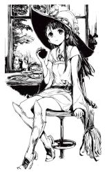 Rule 34 | 10s, 1girl, :t, apple, bird, boots, broom, dress, eating, food, fruit, greyscale, hat, kagari atsuko, little witch academia, long hair, monochrome, sitting, solo, usisan, witch, witch hat