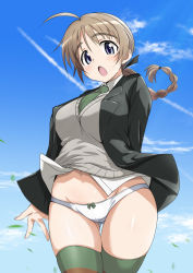 Rule 34 | 1girl, ahoge, blue eyes, bow, bow panties, braid, breasts, brown hair, cameltoe, commentary request, covered erect nipples, gluteal fold, large breasts, long hair, looking at viewer, lynette bishop, minpei ichigo, multicolored clothes, multicolored legwear, open mouth, panties, shiny skin, single braid, solo, standing, strike witches, striped clothes, striped thighhighs, sweater vest, thigh gap, thighhighs, underwear, white panties, world witches series