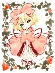 Rule 34 | 1girl, blonde hair, bow, dress, drill, flower, food, fruit, green eyes, hair bow, highres, hinaichigo, interlocked fingers, kiru (m putorius), leaf, looking at viewer, own hands together, pink bow, pink dress, plant, red footwear, red ribbon, ribbon, rozen maiden, short hair, smile, solo, strawberry, vines