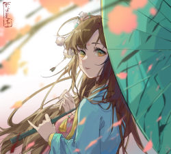 Rule 34 | 1girl, ayunyunyun, brown hair, chinese clothes, flower, green eyes, grin, hair flower, hair ornament, hanfu, holding, holding umbrella, long sleeves, looking at viewer, looking to the side, oil-paper umbrella, petals, pink flower, rosa (tears of themis), smile, solo, tears of themis, umbrella