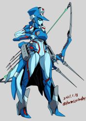 Rule 34 | 1girl, arrow (projectile), autobot, blue eyes, bow (weapon), breasts, chromia, dated, from side, grey background, holding, holding arrow, holding bow (weapon), holding weapon, kamizono (spookyhouse), looking to the side, mecha, medium breasts, no humans, robot, science fiction, solo, transformers, weapon