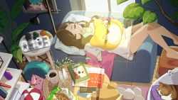 Rule 34 | 1girl, agnamore, animal, bad id, bad pixiv id, bag of chips, barefoot, book, brown hair, cat, chips (food), clock, closed eyes, couch, cup, digital clock, drooling, feet out of frame, floor lamp, food, fruit, indoors, jacket, knees up, long hair, lying, mandarin orange, mug, on back, on couch, open clothes, open jacket, open mouth, original, pink jacket, plant, potato chips, saliva, shirt, slippers, solo, stuffed animal, stuffed rabbit, stuffed toy, table, white footwear, white shirt, window