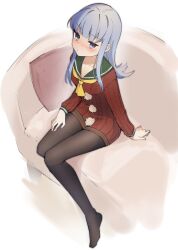 Rule 34 | 1girl, black pantyhose, blue eyes, blue hair, blush, collarbone, dress, green sailor collar, hatsukaze (kancolle), kantai collection, long hair, long sleeves, official alternate costume, one-hour drawing challenge, pantyhose, pom pom (clothes), red dress, sailor collar, sitting, solo, yamashichi (mtseven)